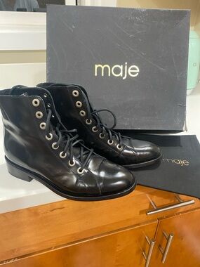 Maje Guitarist Black Leather Combat Boots Size 39